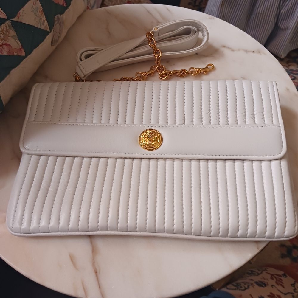 Anne Klein For Calderon, Vintage 1970s Winter White Leather Clutch, EUC